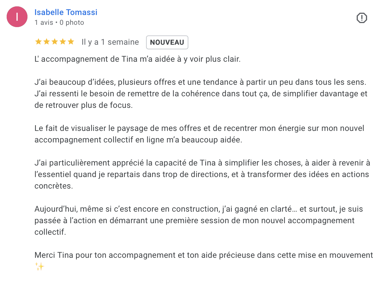Avis Google d'Isabelle Tomassi