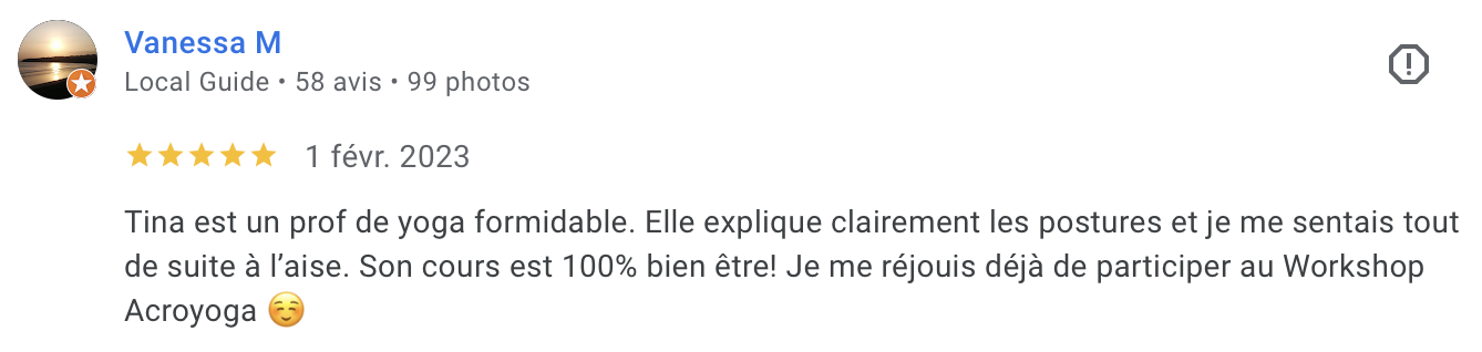 Avis Google d'une élève de Tina (8/10)