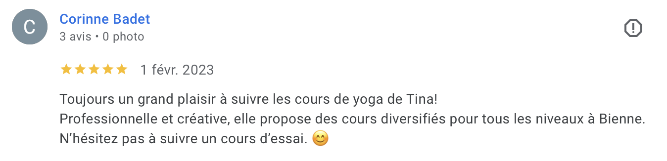 Avis Google d'une élève de Tina (9/10)