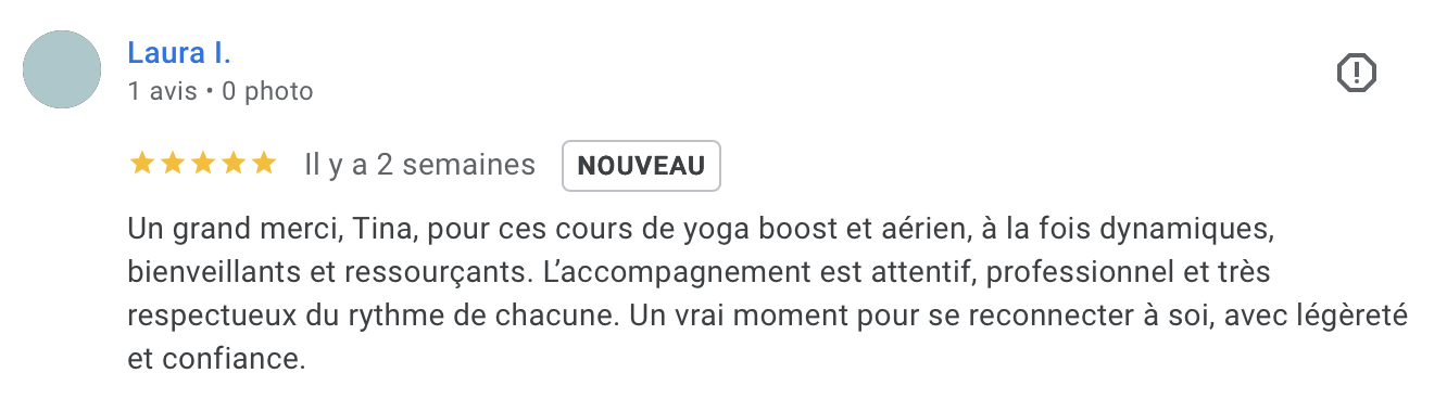 Avis Google d'une élève de Tina (1/15)